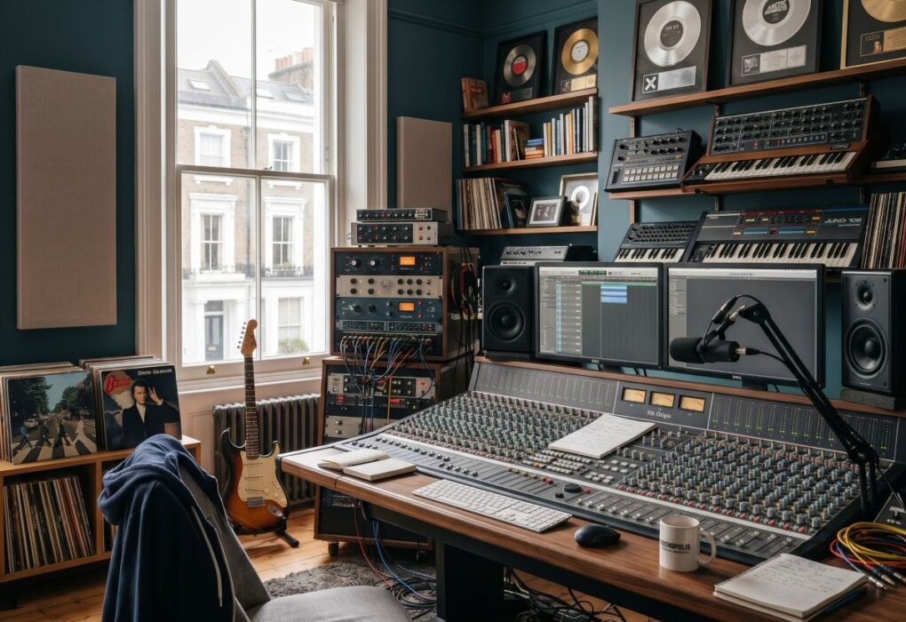 a high-end home recording studio inside a large lived-in townhouse in Notting Hill, London