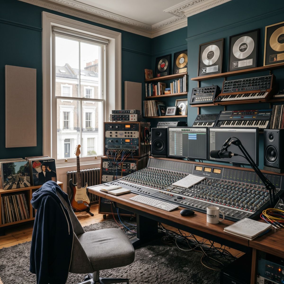a high-end home recording studio inside a large lived-in townhouse in Notting Hill, London