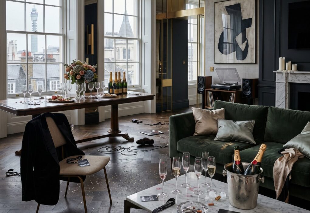 luxurious lived-in Mayfair, London penthouse apartment the morning after a major UK music industry album launch party