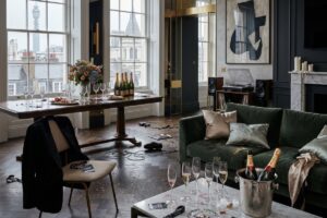 luxurious lived-in Mayfair, London penthouse apartment the morning after a major UK music industry album launch party
