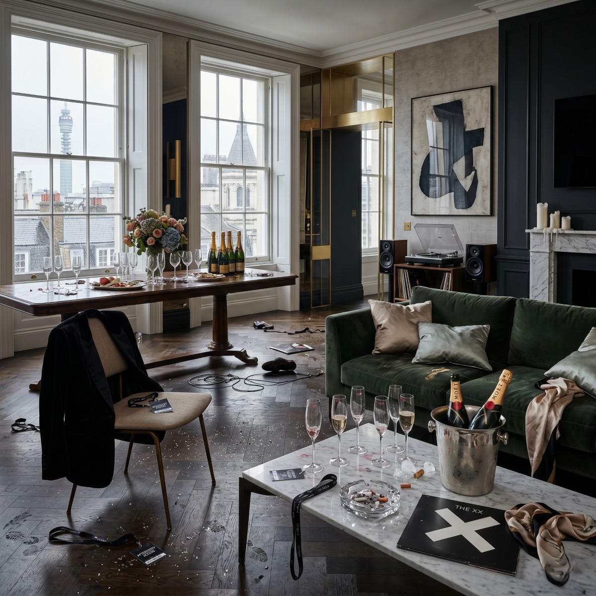 luxurious lived-in Mayfair, London penthouse apartment the morning after a major UK music industry album launch party